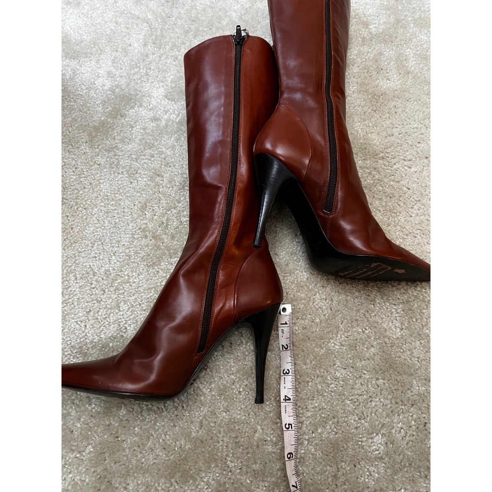 Vintage Charles David Italy Brown Leather Pointed Toe Stiletto Knee Boots 7.5 - Picture 6 of 7